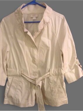 LOFT Cream Ruffle Collar Belted Utility Jacket -Size 6